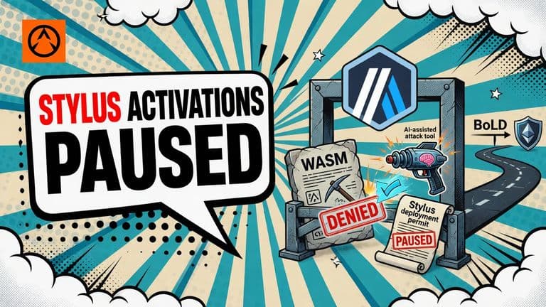 An Arbitrum-branded illustration shows an AI-assisted WASM contract being blocked at a new deployment gate while an existing contract continues to operate.