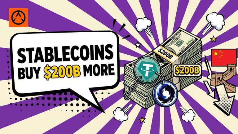 A pop-art cover shows USDT and USDC coins beside an expanding stack of US Treasury bills, with a separate downward path indicating China’s declining holdings.