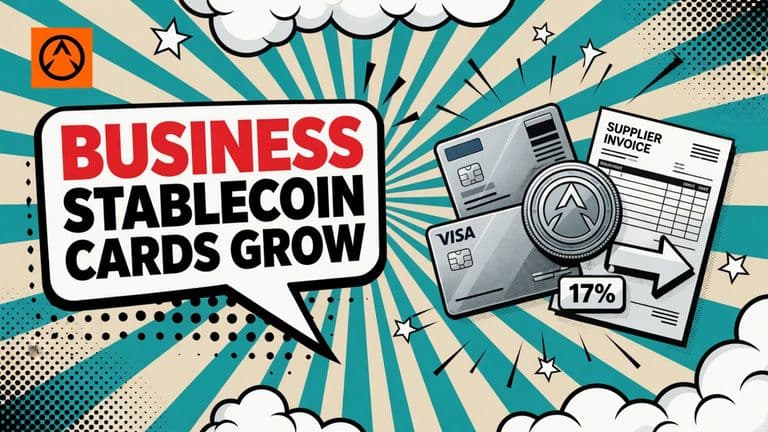 A pop-art illustration shows a Visa business card linking a stablecoin coin to supplier, payroll and cross-border payment symbols, beside a speech bubble reading BUSINESS STABLECOIN CARDS GROW and a 17% badge.
