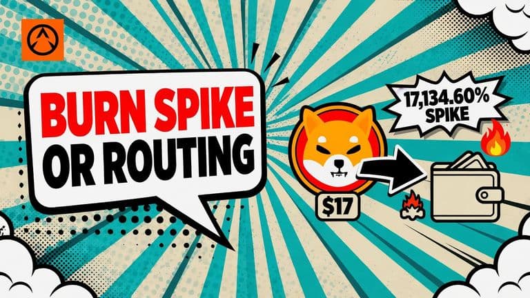 A pop-art SHIB coin sits beside a large transfer arrow and a small flame, contrasting a dramatic 17,134.60% burn spike with a $17 badge.