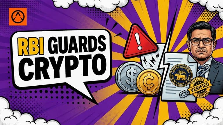 A pop-art cover shows the RBI supporting tokenized assets while a guarded boundary separates them from private stablecoins and crypto coins, with a caricature of Governor Sanjay Malhotra behind the central bank mark.