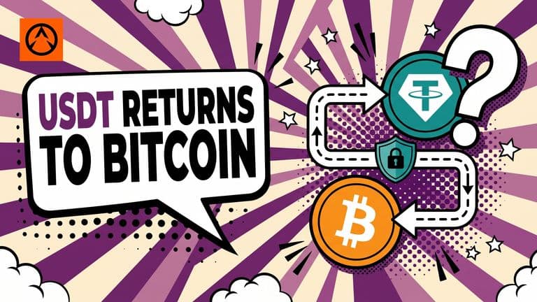 A pop-art illustration shows USDT returning to Bitcoin through a private transfer path, with a question mark and incomplete connection points indicating that the payments case remains unproven.