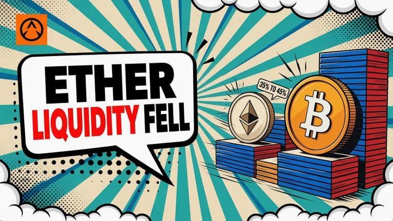 A pop-art illustration shows Ether rising above a thin market-depth platform while Bitcoin stands beside a deeper platform, with a 35% to 45% badge between them.