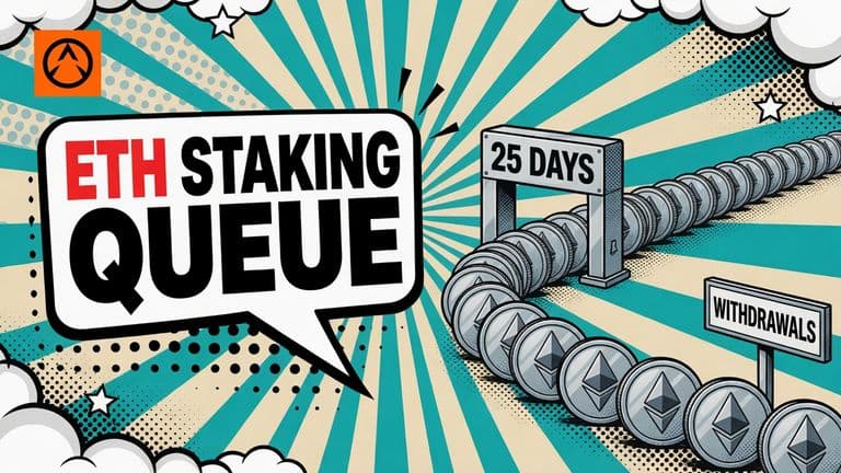 A comic illustration shows a long queue of Ethereum coins waiting at a validator entry gate beside a 25-day badge, with a separate withdrawal queue leaving the system.