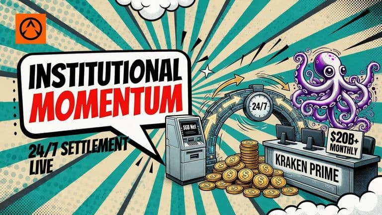 A pop-art illustration shows SGB Net and Kraken connected by a live settlement bridge for US dollar transactions, with institutional trading elements and a 24/7 clock.