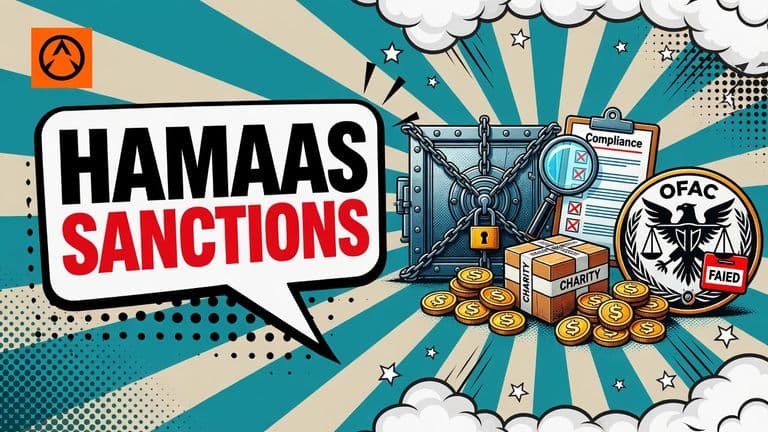 A pop-art illustration of OFAC sanctions, charity fundraising coins and crypto assets held in a blocked vault beside a compliance checklist.