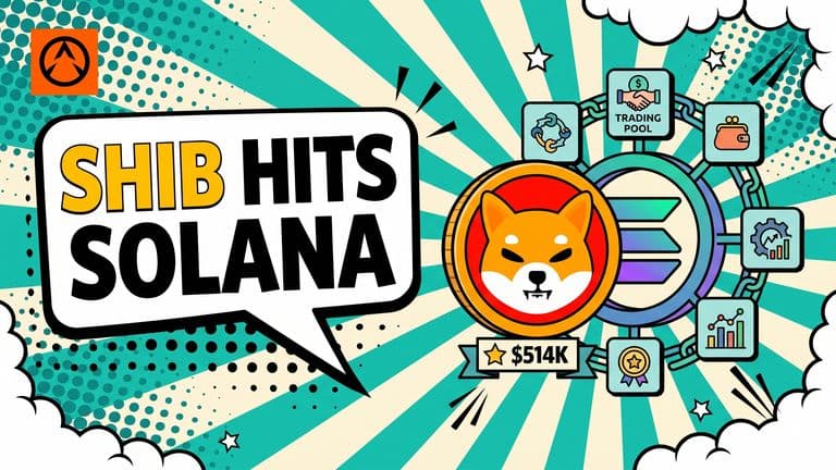 A pop-art SHIB coin moves through a Solana trading gateway surrounded by connected crypto apps and a $514K liquidity badge.