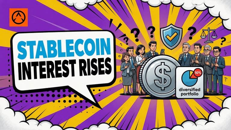 A pop-art stablecoin and portfolio connect Asia Pacific consumers with affluent investors, surrounded by question marks, trust and regulation symbols.