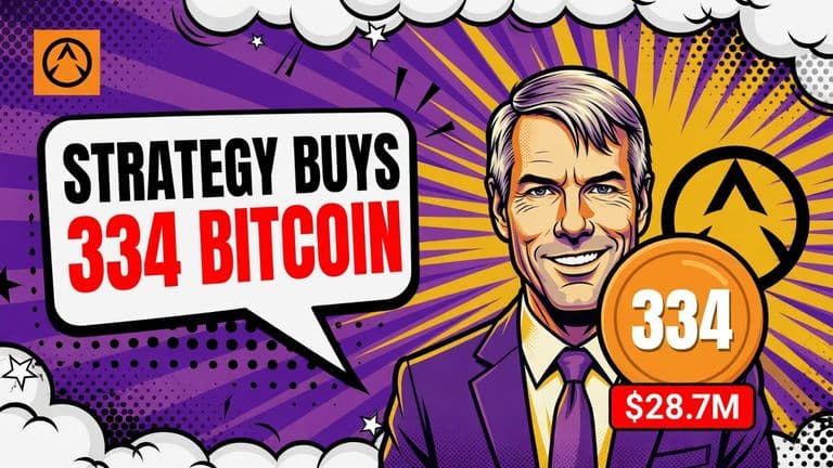 A pop-art comic cover shows Michael Saylor beside the Strategy mark and a large Bitcoin coin, announcing Strategy’s $28.7 million purchase of 334 Bitcoin.