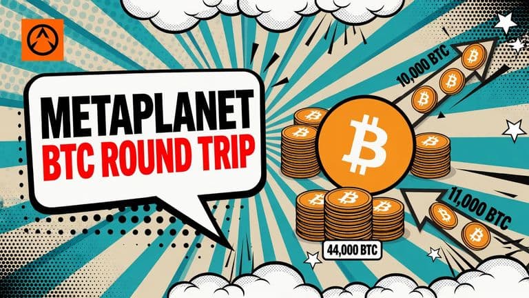 A pop-art illustration shows Metaplanet sending 10,000 Bitcoin out, receiving 11,000 Bitcoin back, and retaining a 44,000 Bitcoin reserve.