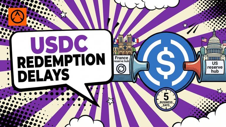 A pop-art illustration shows a USDC coin delayed between French and US reserve hubs, with the real Circle and USDC marks and a five-business-day clock.