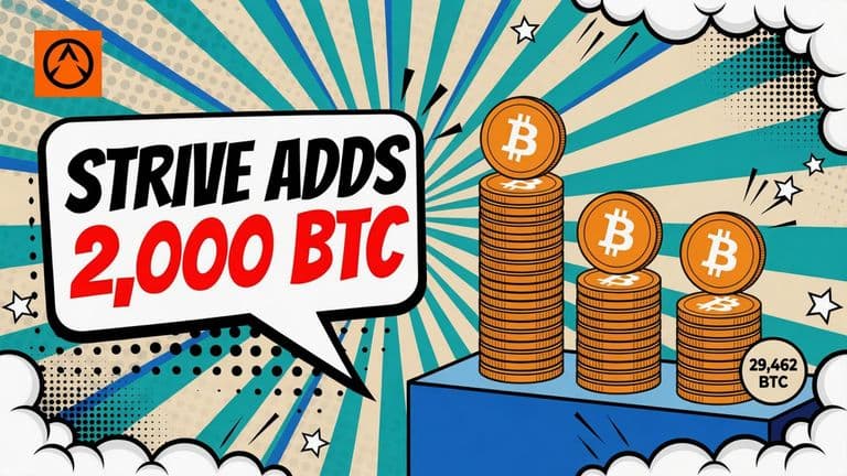 A comic illustration of three columns made of stacked Bitcoin coins of different heights, the shortest one having another Bitcoin coin placed on top, next to a speech bubble reading STRIVE ADDS 2,000 BTC.