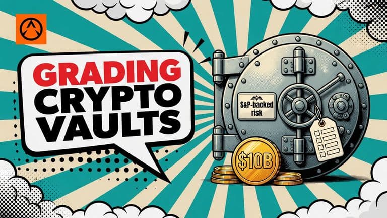 A comic-style bank vault door with an S&P risk badge on its face, coins and a share token at its base, beside a speech bubble reading GRADING CRYPTO VAULTS.
