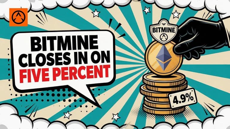 A comic-style illustration of a hand adding one more Ethereum coin to a tall stack of coins, with a Bitmine badge on the stack and a speech bubble carrying the headline.