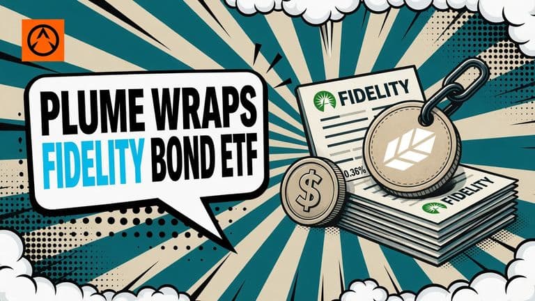 A comic-style illustration of a Plume-branded receipt token chained to a stack of Fidelity bond ETF share cards, with a stablecoin feeding in beside them.