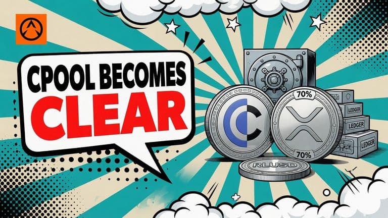 A comic-style illustration of a Clearpool coin being swapped for a new coin marked with the XRP Ledger logo, above a vault door and stacked ledger blocks.