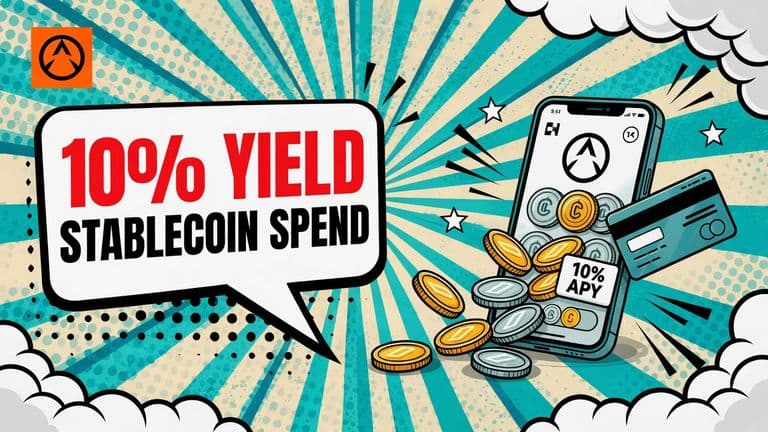 A flat vector illustration of a phone showing the OKX Money app with coins and a card floating nearby