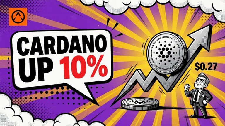 A comic-style illustration of a large Cardano coin rising on an upward arrow while a small dull coin lies flat and still beside it, with a suited man watching the climb.