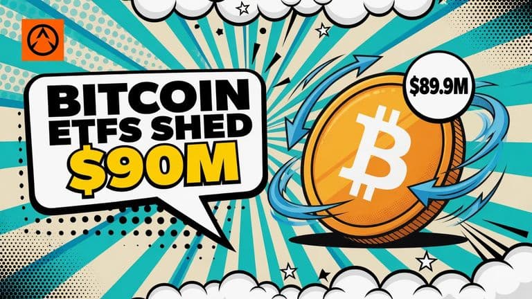 A stylized Bitcoin coin tipping over with a speech bubble headline and a badge showing the outflow figure.