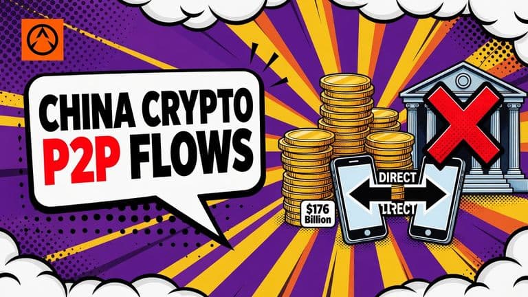 An illustration of digital coins and smartphones exchanging value directly with a crossed-out bank tower in the background