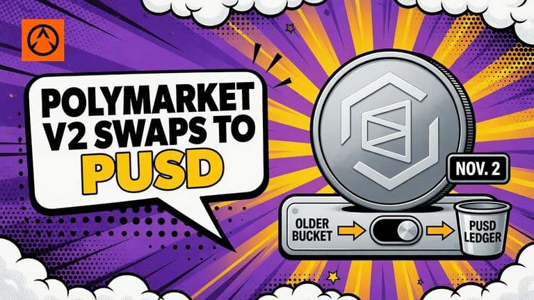 A pop-art comic cover showing the Polymarket protocol switch moving new markets to a pUSD ledger by Nov. 2