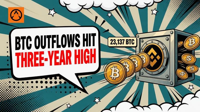A comic illustration shows Bitcoin tokens leaving a Binance vault while stablecoin chips flow in, with a headline bubble and data badge