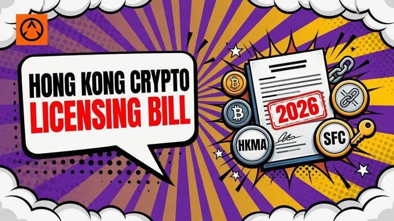 A pop-art illustration of an official Hong Kong government bill with a stamp and regulator badges.