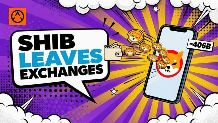 Comic style illustration showing SHIB coins moving from an exchange app screen toward a digital wallet with a negative flow badge.