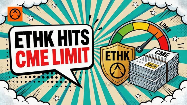 A pop art comic cover featuring an ETHK ETF badge next to a stack of CME contracts with a gauge indicating a financial threshold