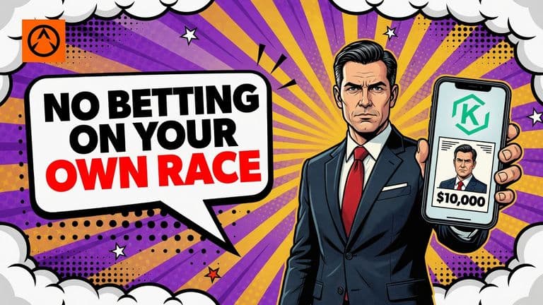 A comic style illustration of a politician holding a phone showing a prediction market contract with his own face on it, with a speech bubble saying NO BETTING ON YOUR OWN RACE