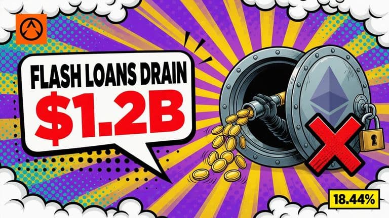 Comic-style illustration of a cracked vault door with an Ethereum coin on it, a gloved hand siphoning coins out through a pipe while an open padlock hangs from the door.
