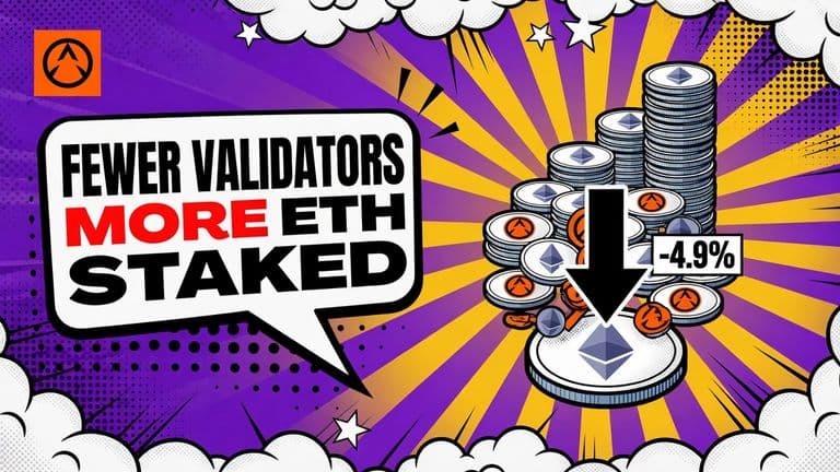 A comic-style illustration of small validator keys merging into one large disc while a tall stack of coins rises behind them.