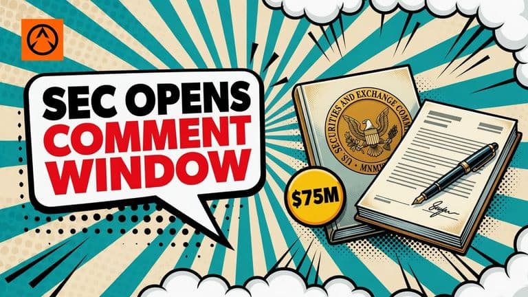 A comic-style illustration of the SEC seal on a thick open draft rulebook with a comment form and pen across it, next to a speech bubble reading SEC OPENS COMMENT WINDOW.