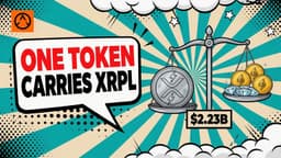 A comic-style balance scale with one large lightning-marked XRP coin outweighing a few small diamond tokens on one side and two gold Ethereum coins on the other, beside a speech bubble reading ONE TOKEN CARRIES XRPL.