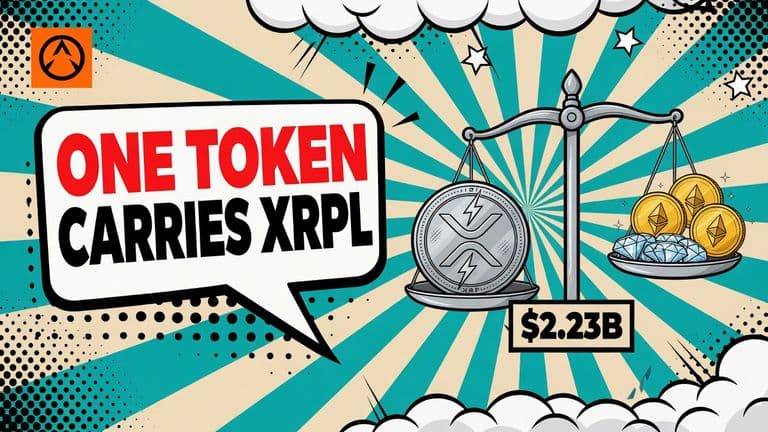 A comic-style balance scale with one large lightning-marked XRP coin outweighing a few small diamond tokens on one side and two gold Ethereum coins on the other, beside a speech bubble reading ONE TOKEN CARRIES XRPL.