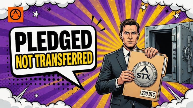 A comic-style founder holds out a sealed folder marked with a Stacks coin while still gripping it, an open vault door behind him and a speech bubble reading PLEDGED NOT TRANSFERRED.