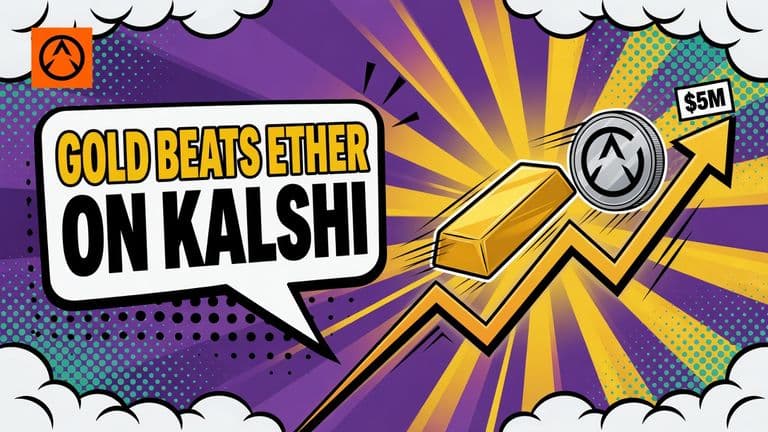 A pop-art illustration of a gold bar overtaking an Ether coin on a rising chart line next to a speech bubble headline