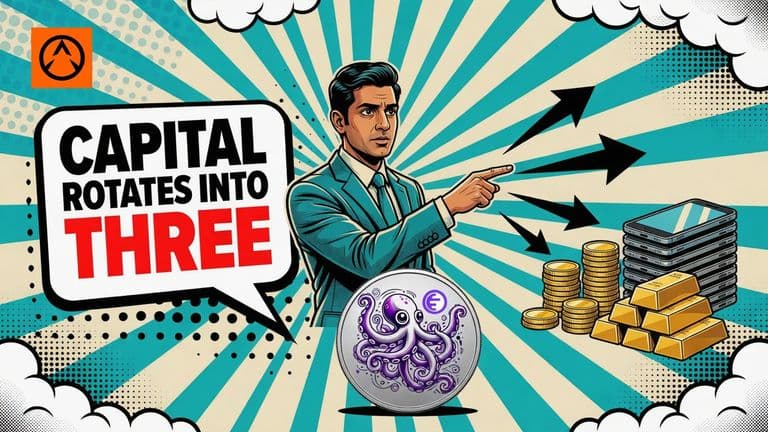 A comic style illustration of a man pointing toward three distinct stacks of assets representing perpetuals, private companies and tokenized shares.