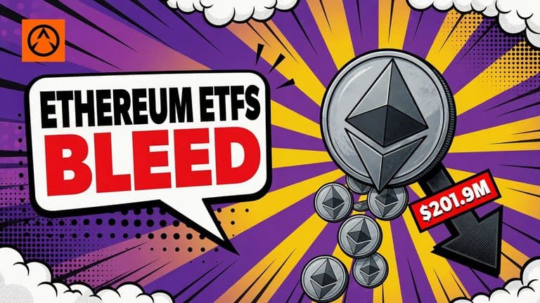 A comic style Ethereum coin tipping over and spilling coins out with a directional arrow pointing down next to a speech bubble headline