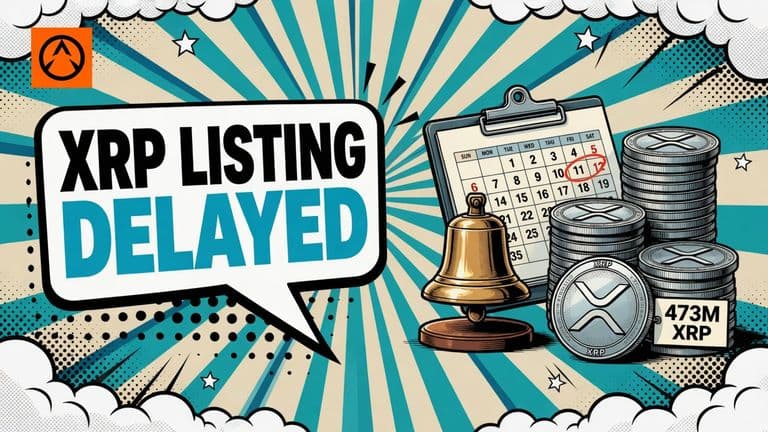 A pop-art illustration of XRP coins beside a calendar page marked October 12 and a Nasdaq bell