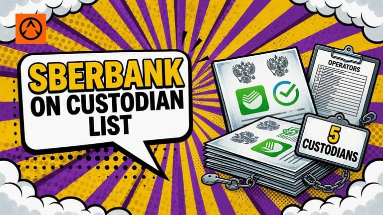 A pop art vector illustration of a crypto exchange registry page with the Bank of Russia seal and the Sberbank logo on a sunburst background.