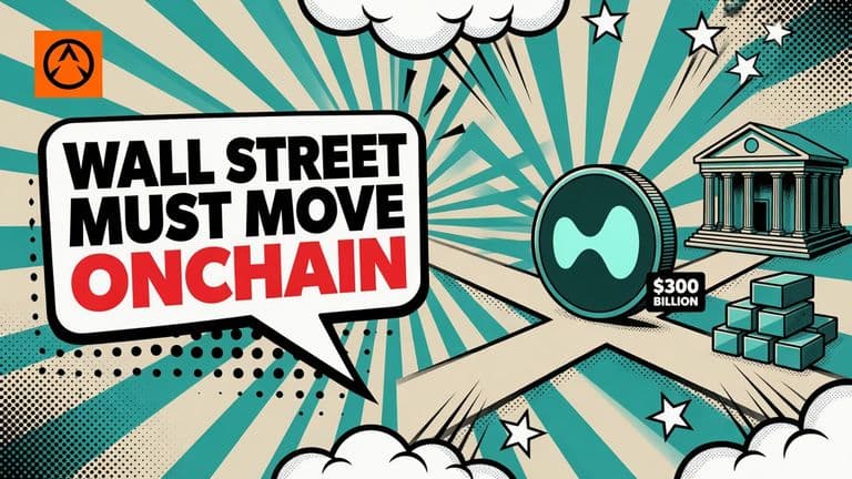 A comic style illustration of a crossroads with a bank building on one path and blockchain blocks on the other. A coin rests at the fork. A speech bubble sits on the left.