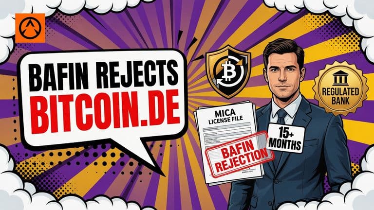 The Bitcoin.de logo shield stands next to a MiCA license file under a BaFin stamp, with an arrow pointing to a new bank badge.