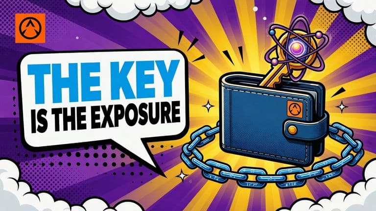A comic-style illustration of a wallet with a large key sticking out of it as the exposed point, an intact chain of ledger blocks behind it, and a quantum atom symbol above the key.