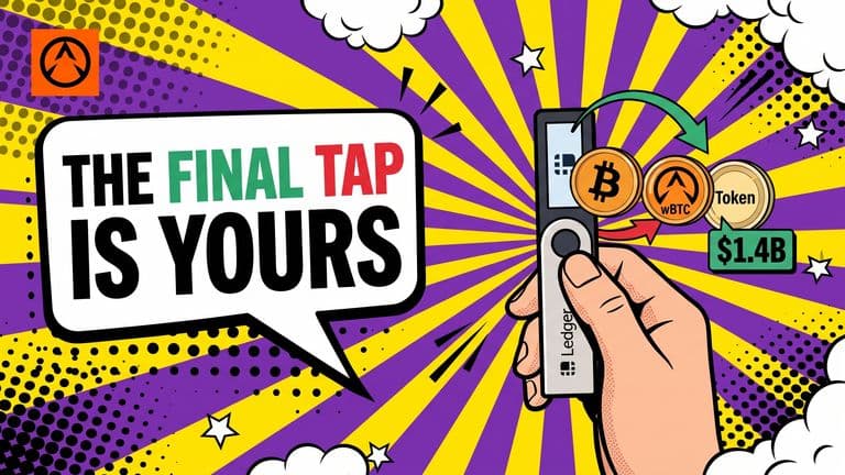 A hand holds a hardware wallet signer with a Bitcoin coin against its screen, flanked by a wrapped-Bitcoin coin and a stablecoin token, under a bright comic sunburst.