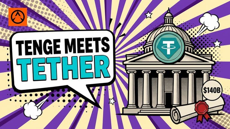 A comic-style coin marked with the Tether logo rests on a columned central bank building, with a sealed document leaning against its base, beside a speech bubble carrying the headline.