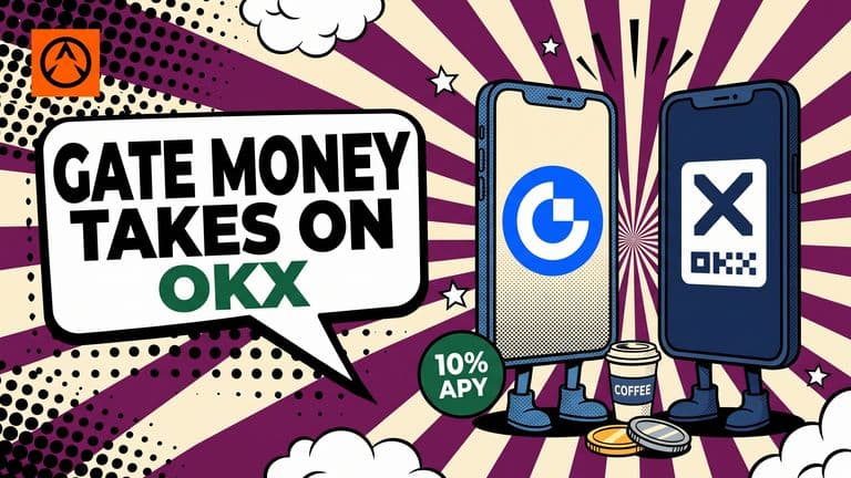 A comic-style cover with a speech bubble reading Gate Money Takes On OKX, and two phones marked Gate and OKX facing each other over a coffee cup and coins.