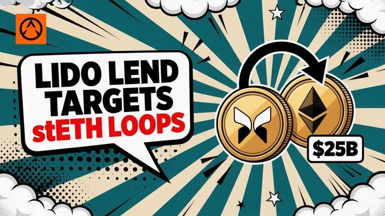 A comic-style illustration of a Lido stETH coin and an ETH coin joined in a loop by a curved arrow, with a Morpho badge beside them and a speech bubble reading LIDO LEND TARGETS stETH LOOPS.