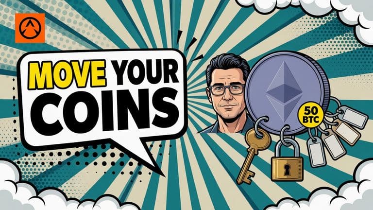 A comic-style illustration of Ethereum researcher Justin Drake gesturing beside a large Ethereum coin, a key and padlock, and a row of unused address tags, with a speech bubble reading MOVE YOUR COINS.