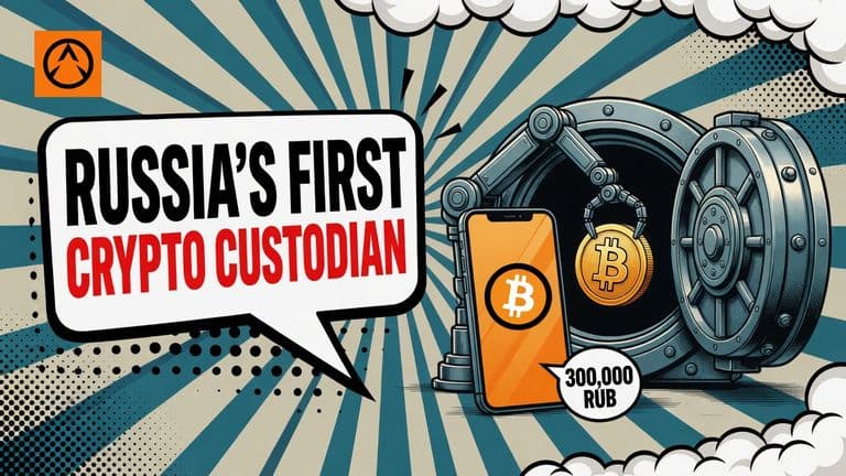 A comic-style illustration of a Sberbank-branded phone in front of an open bank vault, with a Bitcoin coin being lowered inside, beside a speech bubble reading Russia's first crypto custodian.